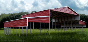Metal barn with open sides.